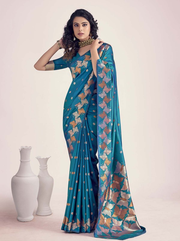 Bright Teal Blue Soft Banarasi Silk Saree